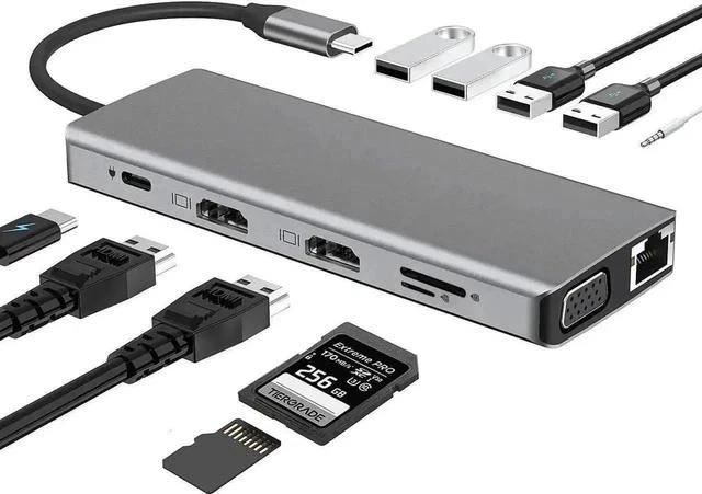 Main image of 12 in 1 USB C Triple Monitor Docking Station, Multiport Adapter Dongle with Dual HDMI VGA, 100W PD, Gigabit Ethernet, 4 USB, SD/TF, 3.5mm Mic Audio, Compatible with MacBook Dell HP Lenovo USB-C Laptop
