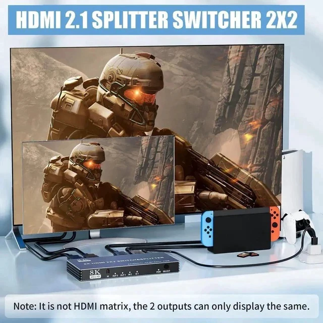 Alt view image 6 of 7 - 2x2 HDMI 2.1 Matrix Switch with IR Remote Control, 2 In 2 Out 8K@60Hz 4K@120Hz Video Splitter Converter HDCP2.3 HDR10 HDR10+ 3D