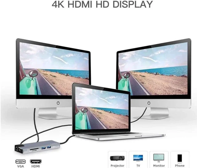 Alt view image 5 of 7 - 9-in-1 USB C Hub Adapter Type-C Dongle with Gigabit Ethernet Port 2 USB 3.0 Ports SD/TF Card Reader 3.5mm Audio Jack USB-C Power Delivery 4K USB C to HDMI VAG for MacBook Pro/Air iPad Pro
