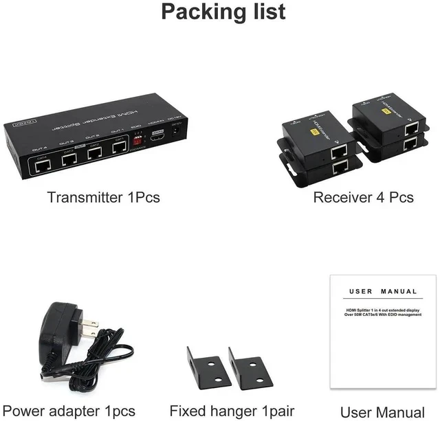 Alt view image 3 of 7 - HDMI Extender Splitter Up to 165ft 1 in 4 Out Over Cat5e or 6 or 7 Repeater Balun Ethernet Sender Transmitter Receiver Support 1080p EDID Presets POC is Only Need TX Power for Work