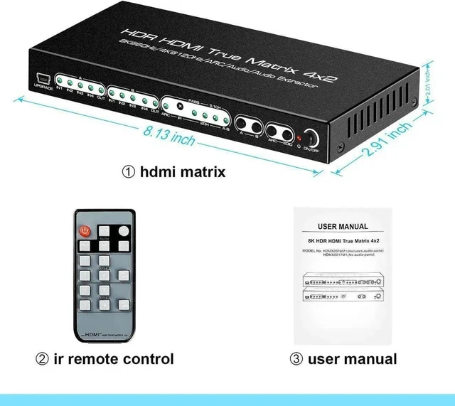 Alt view image 3 of 7 - 4x2 HDMI 2.1 Matrix Switch 4 in 2 Out 8K@60Hz with IR Remote, 48Gbps 8K HDMI Matrix Splitter, Support 4K@120Hz, HDR10, Dolby Vision, Dolby Atmos, HDCP2.3, ARC, SPDIF 5.1CH Audio Extractor for PS5, Xbo