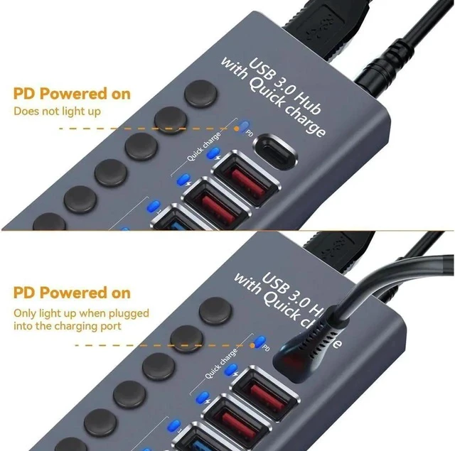 Alt view image 3 of 7 - Powered USB Hub 3.0, 7-Port USB 3.0 Hub, 4 USB 3.0 Data Transmission Ports + 2 Smart Charging Ports + 1 PD Charging Port with Individual On/Off Switches with Power Adapter for Laptop PC