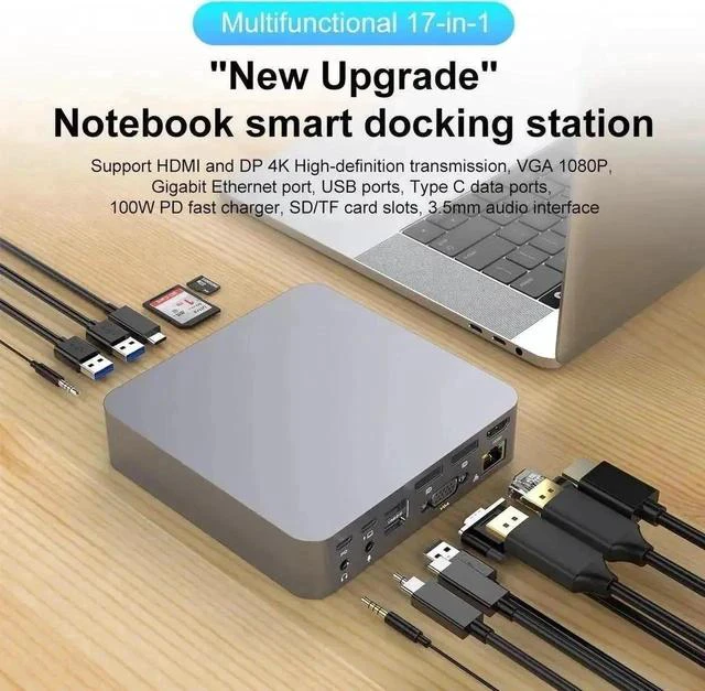 Main image of 17-in-1 USB C Triple Display Docking Station Multiport Hub Adapter, Dual DP 4K + Single HDMI 4K + VGA 1080P, Gigabit Ethernet, USB3.0 & USB2.0 Ports, 100W PD Pass-Through Charging, SD TF Card Reader,