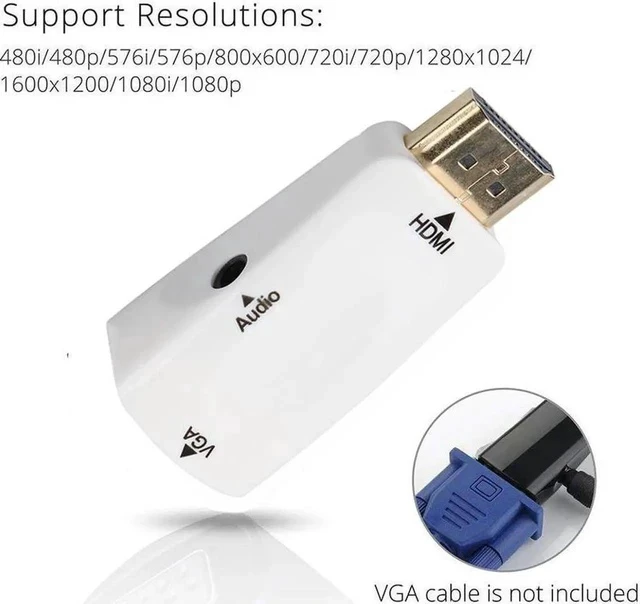 Alt view image 2 of 7 - HDMI TO VGA 1080P HDMI Male to VGA Female Video Converter Adapter with 3.5mm Audio Port for PC,Laptop,DVD,Projector HDTV Xbox STB Chromebook, Android TV Box and Other HDMI Devices-White