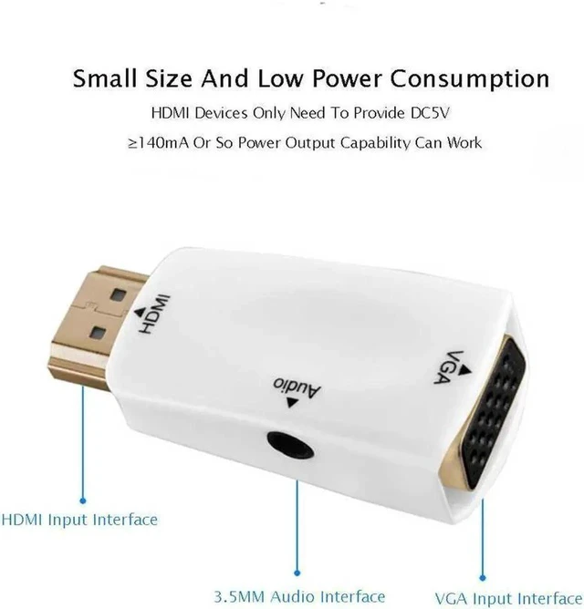 Alt view image 6 of 7 - HDMI TO VGA 1080P HDMI Male to VGA Female Video Converter Adapter with 3.5mm Audio Port for PC,Laptop,DVD,Projector HDTV Xbox STB Chromebook, Android TV Box and Other HDMI Devices-White