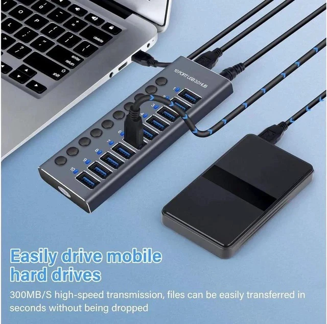 Alt view image 7 of 7 - 10-Port Powered USB 3.0 Hub 60W with 10 USB 3.0 Data Ports, Aluminum USB Splitter for Laptop/PC, work for Mouse, Keyboard, Hard Drive or More USB Devices