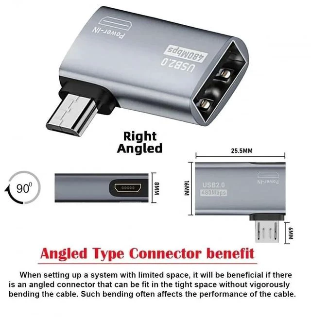 Alt view image 5 of 7 - 2-Pack 90° Left & Right Angled Micro USB 2.0 to USB A Female OTG Adapter, Micro USB Male to Type-A Female OTG Converter with Power Supply for Smartphones, Tablets