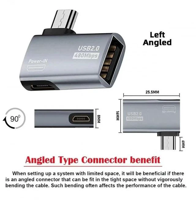Alt view image 7 of 7 - 2-Pack 90° Left & Right Angled Micro USB 2.0 to USB A Female OTG Adapter, Micro USB Male to Type-A Female OTG Converter with Power Supply for Smartphones, Tablets