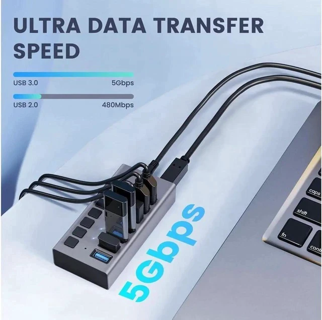 Alt view image 5 of 7 - Powered USB Hub - 7 Ports 36W USB 3.0 Data Port Aluminum Housing Individual On/Off Switches 12V/3A Power Adapter, 5Gbps High Speed USB 3.0 Hub for Laptop, PC, Computer, Mobile HDD