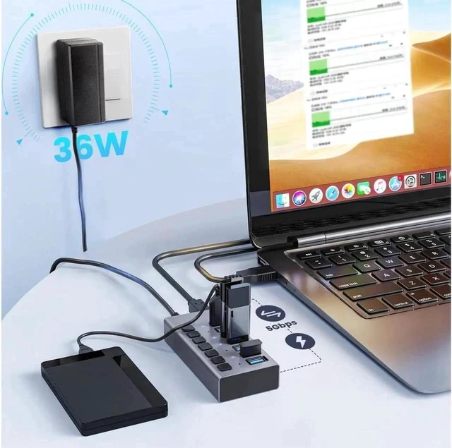 Alt view image 6 of 7 - Powered USB Hub - 7 Ports 36W USB 3.0 Data Port Aluminum Housing Individual On/Off Switches 12V/3A Power Adapter, 5Gbps High Speed USB 3.0 Hub for Laptop, PC, Computer, Mobile HDD