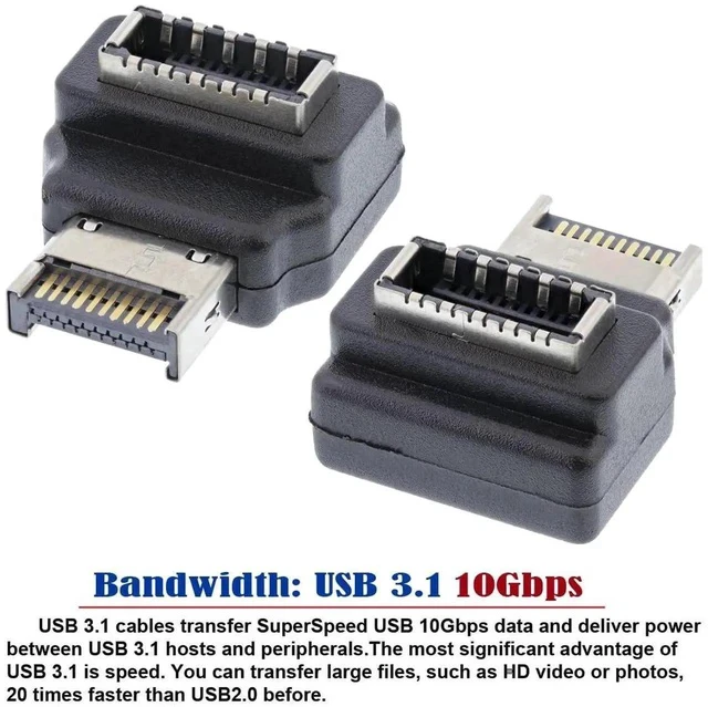 Alt view image 6 of 7 - 90-Degree Angled USB 3.1 Type-E Male to Female Extension Adapter, 20Pin Motherboard Front Panel Header Extender Supports 10Gbps Data & Power for DIY Gaming PC Cases, MSI, ASUS, Gigabyte Mainboards