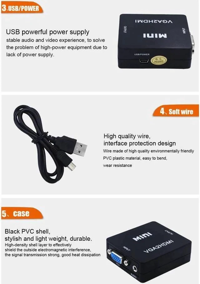 Alt view image 3 of 7 - Mini VGA to 1080P HDMI adapter Converter VGA2HDMI Converter with Audio for HDTV for PC Laptop Display Computer Mac Projector, Xbox, HDTV, Raspberry Pi, and More (Black)