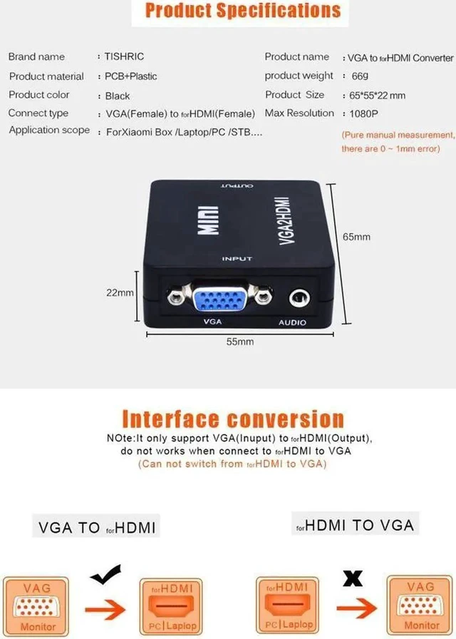 Alt view image 4 of 7 - Mini VGA to 1080P HDMI adapter Converter VGA2HDMI Converter with Audio for HDTV for PC Laptop Display Computer Mac Projector, Xbox, HDTV, Raspberry Pi, and More (Black)