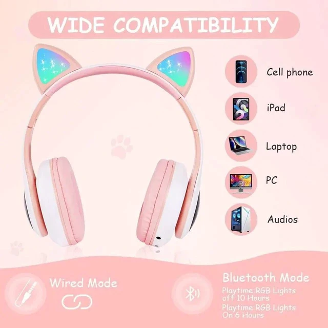 Alt view image 7 of 7 - Gemdeck Cat Ear Bluetooth Headset Luminous Cat Ear Wireless Headset Pluggable Cable Purple