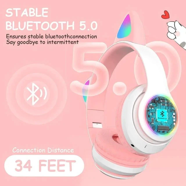 Alt view image 6 of 7 - Gemdeck Cat Ear Bluetooth Headset Luminous Cat Ear Wireless Headset Pluggable Cable Purple