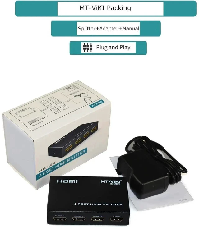 Alt view image 5 of 7 - MT-ViKI 1 in 4 Out Powered HDMI Splitter with AC Adapter, 1x4 4-Port HDMI Distributor Support 4K@30Hz 3D Full HD for PS4 Fire Stick HDTV Monitors