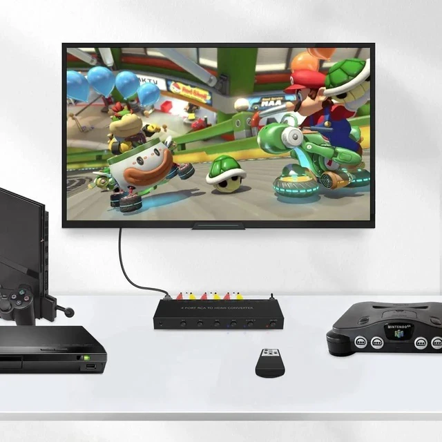 Alt view image 5 of 7 - 4 AV to HDMI, 1080P/720P 4 Way RCA Composite CVBS AV Switch to HDMI Converter Adapter Support 4:3/16:9 Switching, for Sega Xbox PS1 PS2 PS3 N64 NGC SNES WII VHS VCR Camera DVD with Remote