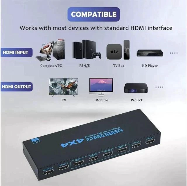 Alt view image 2 of 7 - HDMI Matrix Switch 4x4, 4K@30Hz HDMI Matrix Switcher Splitter 4 in 4 Out Box with IR Remote Control Support Support 4K@30Hz 3D 10.2Gbps, HDMI 1.4, 1080P@60Hz, 3D, YUV 4:2:0
