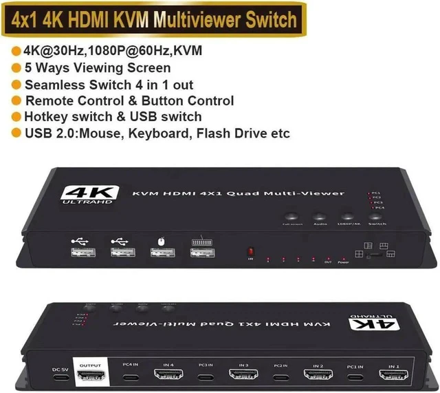 Alt view image 2 of 7 - 4K HDMI KVM Multi Viewer Switch 4x1, Quad Seamless HDMI Switcher, 4 in 1 Out with IR Control, 5 Display Modes for Security Camera, PS4, Laptop, Monitor (Multiviewer 4K30Hz)