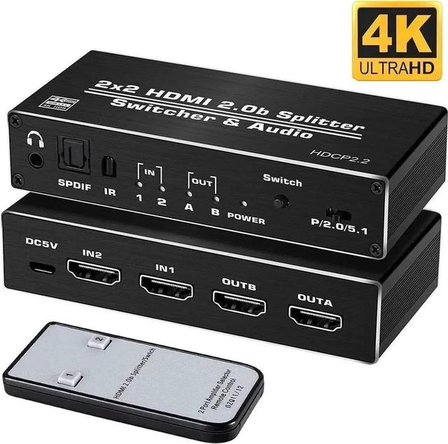 Main image of 2 in 2 Out HDMI 2.0b Switch Splitter with Audio Extractor, 4K@60Hz HDR HDMI Converter with HDMI / 3.5mm AUX / Toslink SPDIF Audio Output, HDCP 2.2 & RGB 4:2:2 Supported for 4K TV Home Theater