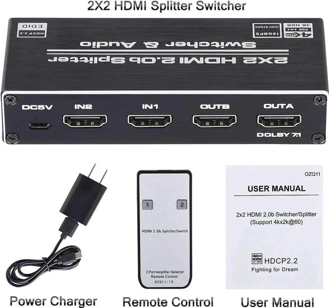 Alt view image 3 of 7 - 2 in 2 Out HDMI 2.0b Switch Splitter with Audio Extractor, 4K@60Hz HDR HDMI Converter with HDMI / 3.5mm AUX / Toslink SPDIF Audio Output, HDCP 2.2 & RGB 4:2:2 Supported for 4K TV Home Theater