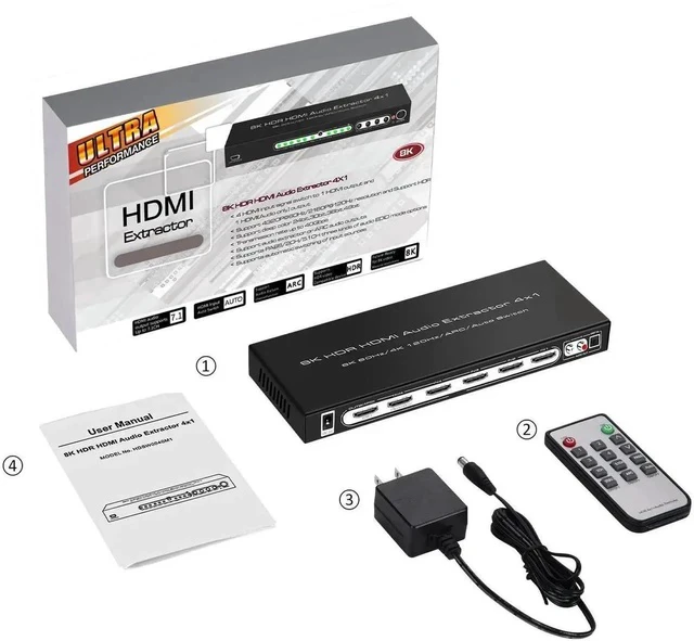 Alt view image 6 of 7 - 8K 60HZ HDMI Switch 4 In 1 Out with 7.1CH Audio Extractor and ARC, HDMI 2.1 Switch Audio Converter Support Optical, L/R Audio, 4x1 HDMI Switch with Remote Support CEC, UHD, HDCP2.2, 3D, 40Gbps