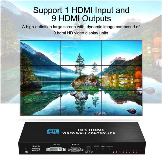 Alt view image 2 of 7 - 3x3 HDMI Video Wall Controller, 1080P@60Hz HDMI DVI TV Wall Processor, 4K HDMI Video Image Processor, HDMI & DVI Input with RS232, 180 Degree Rotate, Support 13 Display Modes