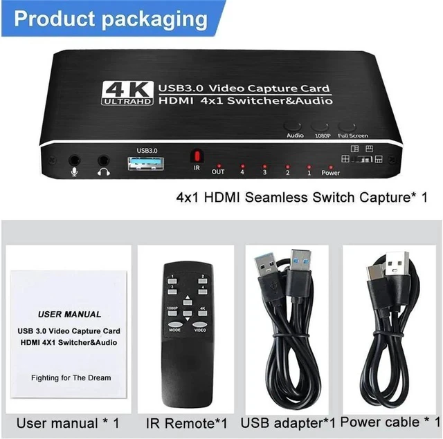 Alt view image 5 of 6 - 4K@30Hz 4x1 HDMI Audio Video Capture Card Seamless Switch with Mic&Audio, HDMI USB3.0 Capture Adapter Video Converter 4K 30fps for Video Game Recording Live Streaming Broadcasting