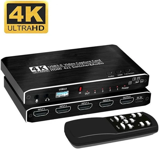 Alt view image 2 of 6 - 4K@30Hz 4x1 HDMI Audio Video Capture Card Seamless Switch with Mic&Audio, HDMI USB3.0 Capture Adapter Video Converter 4K 30fps for Video Game Recording Live Streaming Broadcasting
