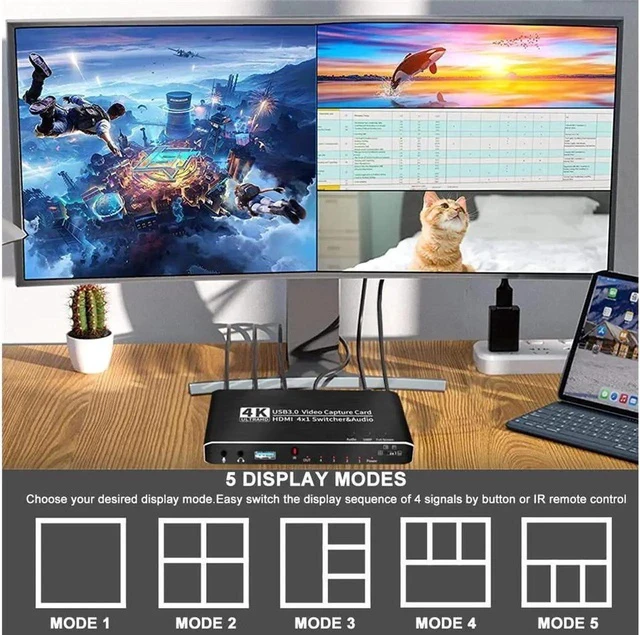 Alt view image 6 of 6 - 4K@30Hz 4x1 HDMI Audio Video Capture Card Seamless Switch with Mic&Audio, HDMI USB3.0 Capture Adapter Video Converter 4K 30fps for Video Game Recording Live Streaming Broadcasting