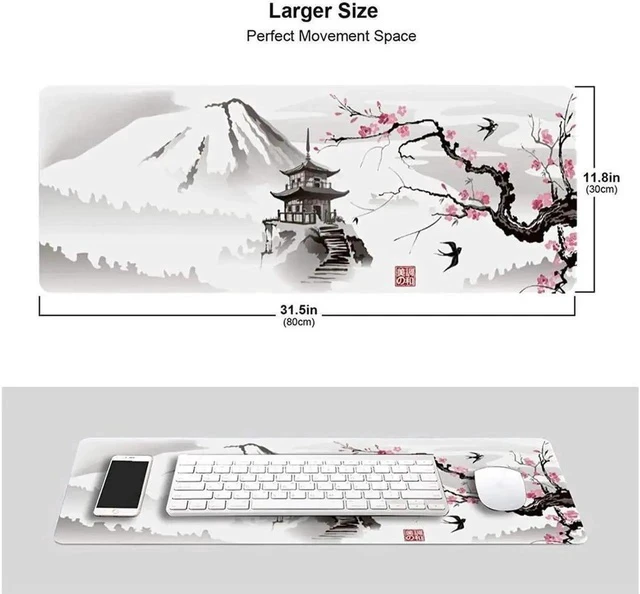 Alt view image 2 of 5 - Cherry Blossom White Gaming Mouse Pad XL Extended Large Mouse Mat Desk Pad Stitched Edges Mousepad Long Nonslip Rubber Base Mice Pad 31.5 X 11.8 Inch