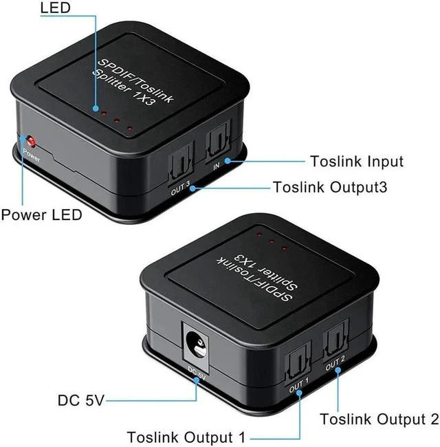 Alt view image 2 of 6 - SPDIF/Toslink Digital Optical Audio Splitter 1x3, Optical Audio 1X3 Splitter, Support Dolby Digital & DTS 5.1 for PS3, Xbox, Blue-Ray DVD, HDTV,TV Box(1 Input 3 Output)