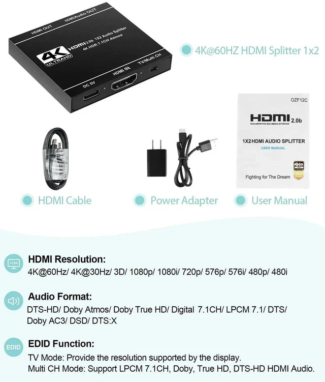 Alt view image 7 of 7 - 4K@60Hz HDMI Splitter 1 in 2 Out, 4K HDMI Splitter for Soundbar and TV, 1x2 Hdmi Splitters Adapter Support Audio and Video Output Sync Up, 3D, 18.5Gbps, HDR, EDID, HDCP2.3