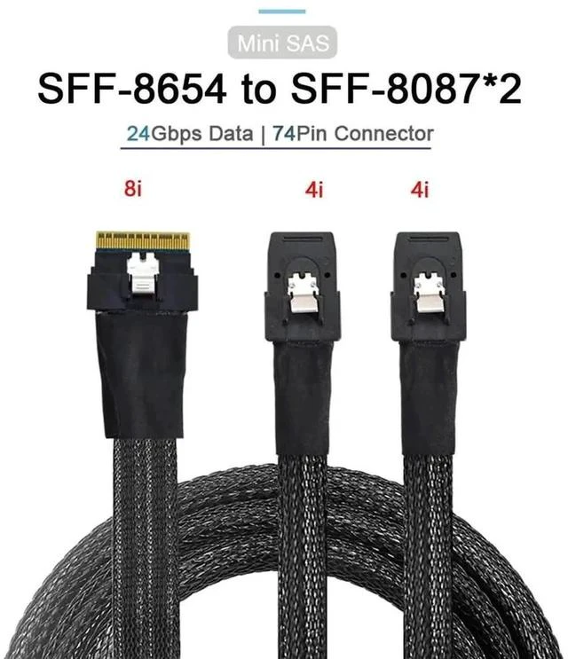 Alt view image 7 of 7 - 50cm PCIe 4.0 Ultraport Slimline SAS Fanout Cable, SFF-8654 8i 74Pin Host to Dual SFF-8087 36Pin Mini SAS Internal Server RAID Storage Breakout Cable