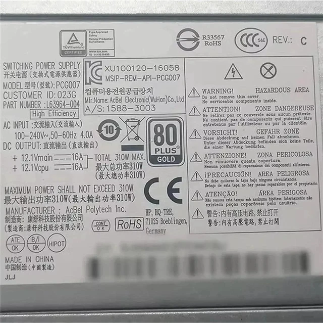 Alt view image 3 of 6 - L63964-004 310W for PCG007 M01-F TP01 400G4 282G3 Power Supply Replacement Parts