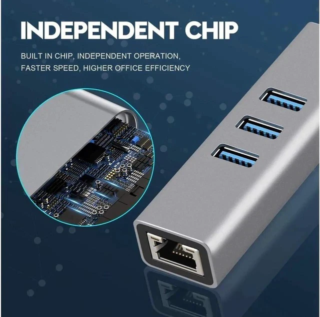 Alt view image 4 of 7 - USB-c hub, Type C to Gigabit Ethernet and 3 USB 3.0 adapters, Aluminum Portable hub, RJ45 Gigabit Ethernet Network Adapter, Converter, hub, for 10 / 100 / 1000 Mbps Ethernet