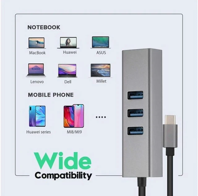 Alt view image 7 of 7 - USB-c hub, Type C to Gigabit Ethernet and 3 USB 3.0 adapters, Aluminum Portable hub, RJ45 Gigabit Ethernet Network Adapter, Converter, hub, for 10 / 100 / 1000 Mbps Ethernet