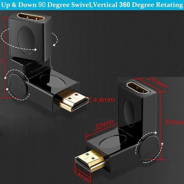 Alt view image 7 of 7 - 2 Pack Rotatable HDMI 2.0 Male to Female Adapter, 360° Free Swivel 90°/180°/270° Adjustable Gold-Plated HDMI Extender Supports 4K 3D for HDTV Laptop Game Consoles