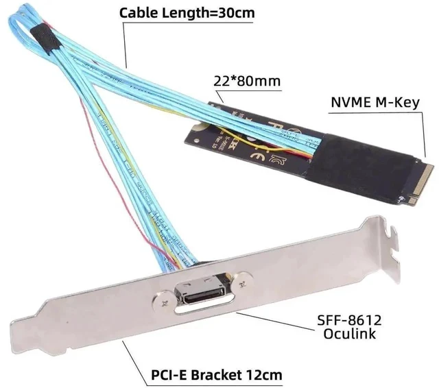 Alt view image 2 of 7 - 30cm PCIe 4.0 M.2 M-Key OCuLink Extension Cable, 2280 NGFF NVMe to SFF-8611/SFF-8612 Host Adapter with Full-Height & Low-Profile Bracket, for External eGPU Dock & U.2 NVMe SSD Storage Expansion