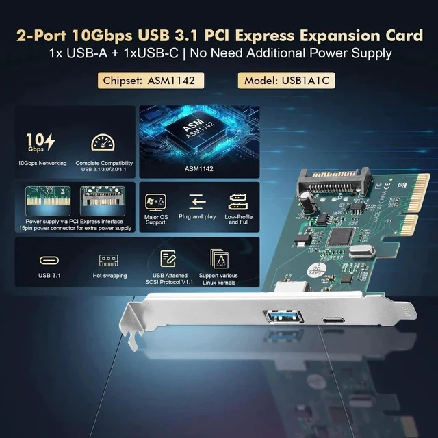 Alt view image 3 of 7 - PCIE to USB 3.2 Gen2 10Gbps Expansion Card, 2 Port USB Type-A and Type-C Ports, Self-Powered, Low Profile Bracket, USB3.2 Hub Controller Adapter for Windows 10/11