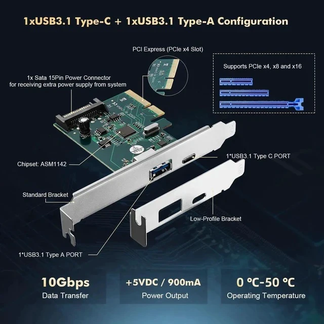 Alt view image 6 of 7 - PCIE to USB 3.2 Gen2 10Gbps Expansion Card, 2 Port USB Type-A and Type-C Ports, Self-Powered, Low Profile Bracket, USB3.2 Hub Controller Adapter for Windows 10/11