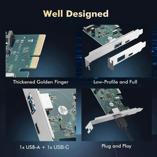 Alt view image 7 of 7 - PCIE to USB 3.2 Gen2 10Gbps Expansion Card, 2 Port USB Type-A and Type-C Ports, Self-Powered, Low Profile Bracket, USB3.2 Hub Controller Adapter for Windows 10/11