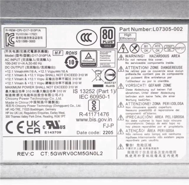 Alt view image 3 of 4 - D17-310P1A L07305-002 for 480 G7 880 G9 Z2 SFF MT 310W Power Supply