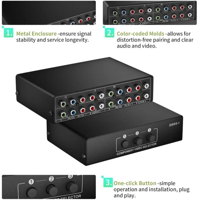 Alt view image 6 of 7 - 3 in 1 Out Component AV Switch Box, 3-Port 5 RCA YPbPr RGB Component Video Selector with L/R Stereo Audio, Supports 1080P, Compatible with Xbox, Wii, PS1/PS2/PS3, SNES, DVD Players, STB and HDTV
