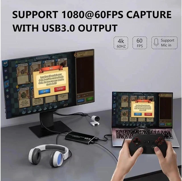 Alt view image 2 of 7 - Capture Card 1080p 60fps 4K30Hz HDMI Video Game Capture Card to USB A/C with Microphone & HDMI Loop-Out, Low Latency Record Broadcast Live Streaming for Nintendo Switch/PS5/OBS/PC/Camera