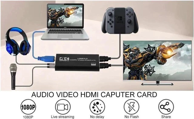 Alt view image 6 of 6 - Capture Card for Nintendo Switch,USB3.0 1080P 60FPS Video Audio Capture Card,Support 4K@30Hz Input and Passthrough for PS4 PS5 DSLR Xbox Streaming and Recording