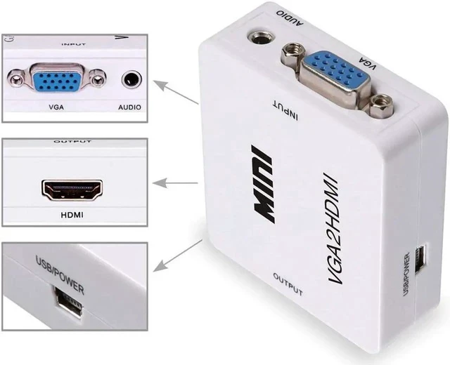 Alt view image 5 of 7 - VGA to HDMI, 1080P Full HD Mini VGA to HDMI Audio Video Converter Adapter Box with USB Cable and 3.5mm Audio Port Cable Support HDTV for PC Laptop Display Computer Mac Projector (White)