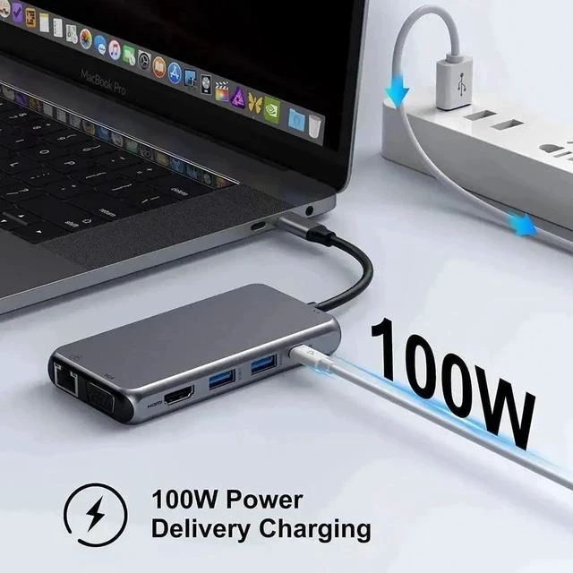 Alt view image 2 of 7 - 10 in 1 USB C Multiport Hub Adapter, USB C Dongle with 4K HDMI, VGA, Gigabit Ethernet, 100W PD Charging, 3×USB3.0, SD/TF Card Reader, 3.5mm Audio Mic Jack, Compatible with MacBook Pro/Air & All USB-C