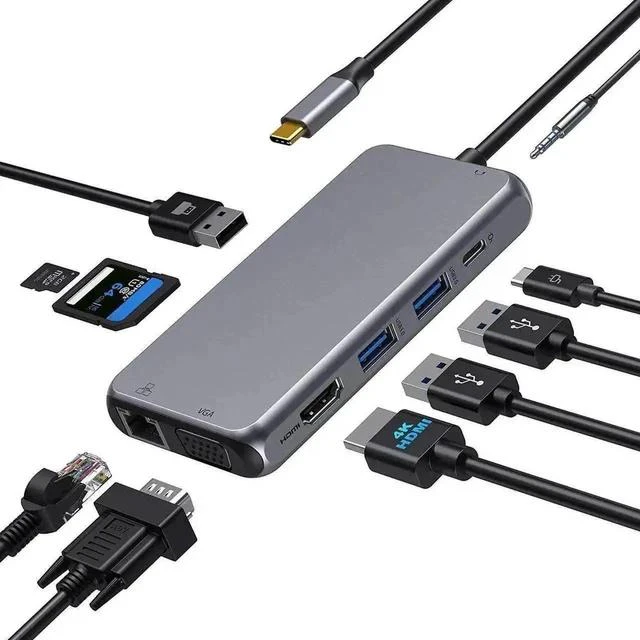 Main image of 10 in 1 USB C Multiport Hub Adapter, USB C Dongle with 4K HDMI, VGA, Gigabit Ethernet, 100W PD Charging, 3×USB3.0, SD/TF Card Reader, 3.5mm Audio Mic Jack, Compatible with MacBook Pro/Air & All USB-C
