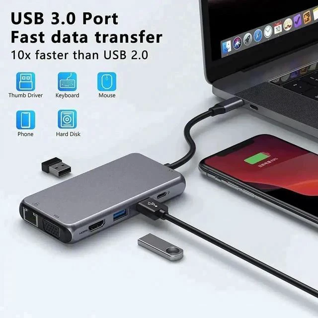 Alt view image 6 of 7 - 10 in 1 USB C Multiport Hub Adapter, USB C Dongle with 4K HDMI, VGA, Gigabit Ethernet, 100W PD Charging, 3×USB3.0, SD/TF Card Reader, 3.5mm Audio Mic Jack, Compatible with MacBook Pro/Air & All USB-C